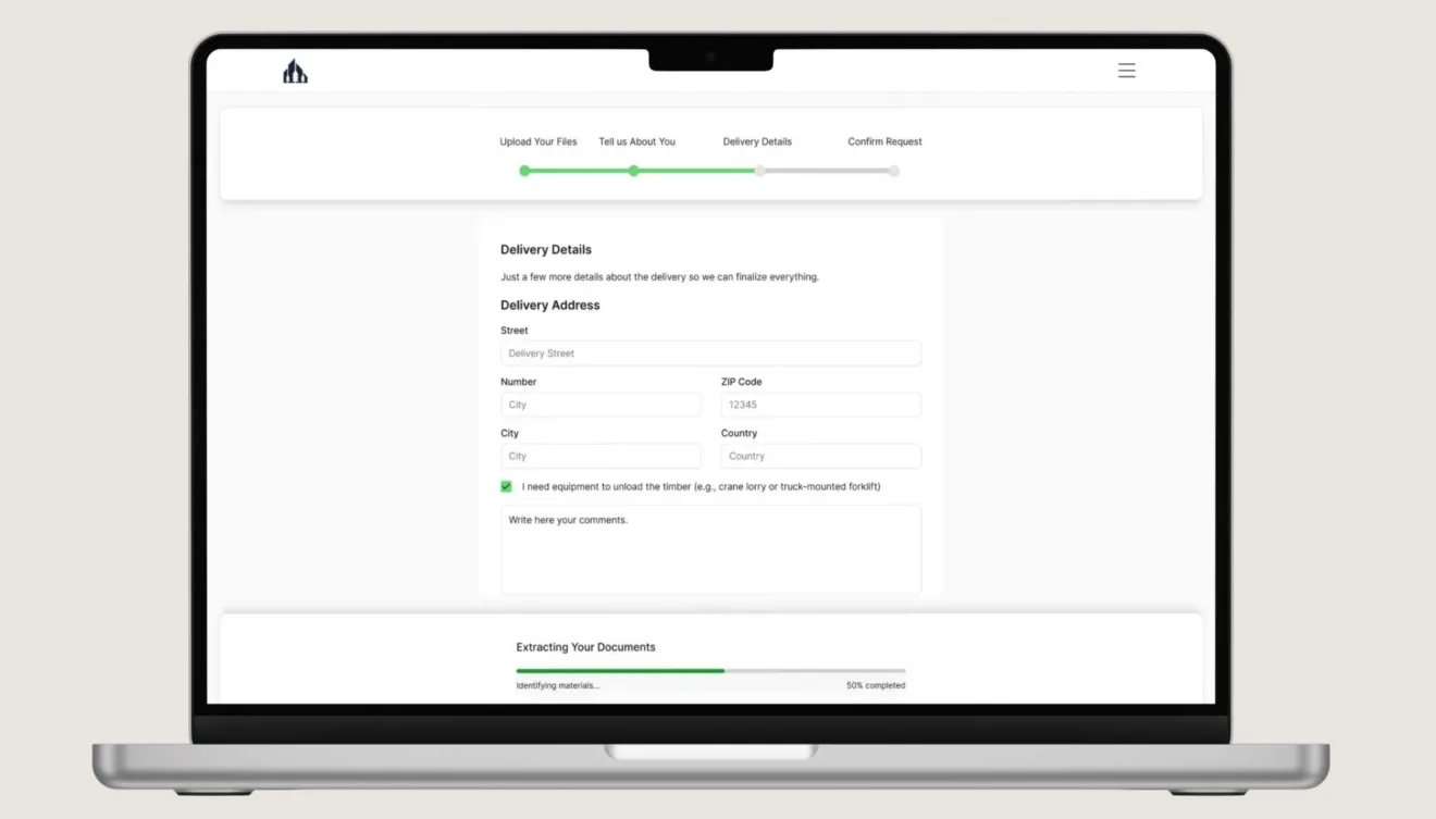 Arbo client request flow, delivery details step, with a background extraction progress bar already at 50 percent.