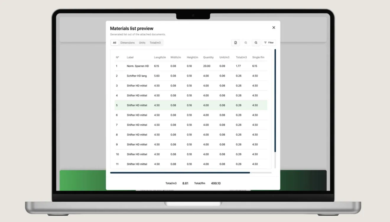 Arbo materials list preview modal, showing extracted items with their length, width, height, quantity, and total volume.