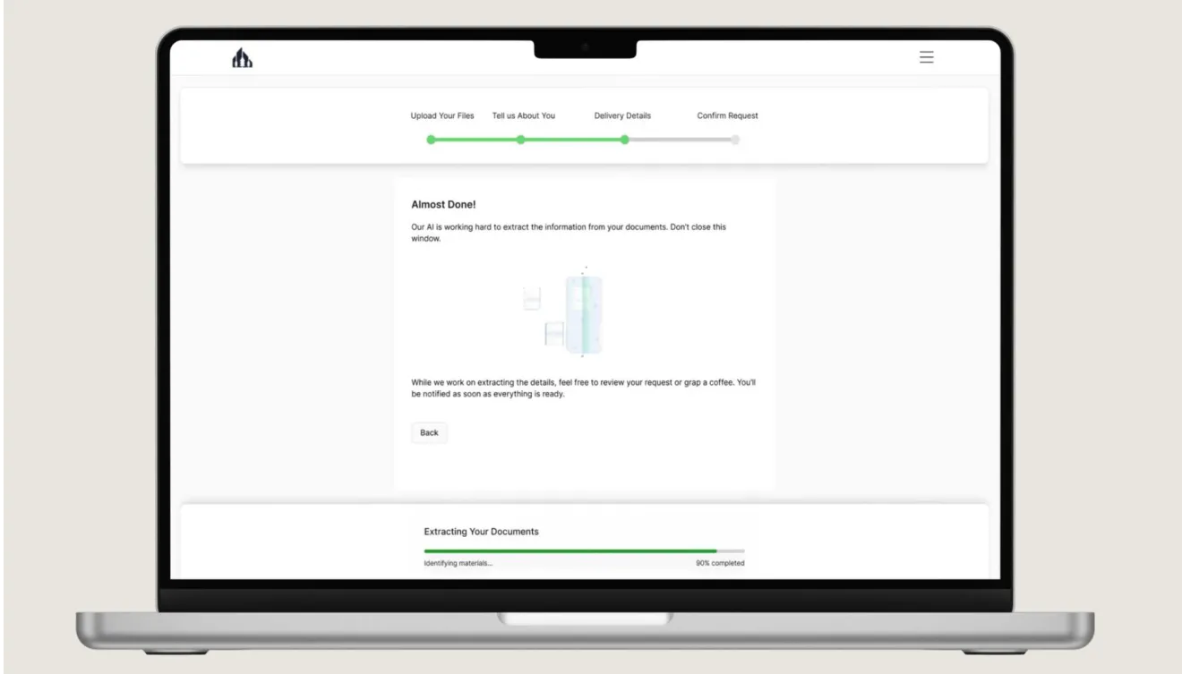Arbo client request flow's 'Almost Done' waiting screen, with extraction at 90 percent while the client reviews their request.