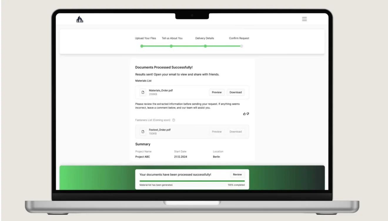 Arbo client request flow's 'Documents Processed Successfully' screen, with a downloadable materials list and order summary.