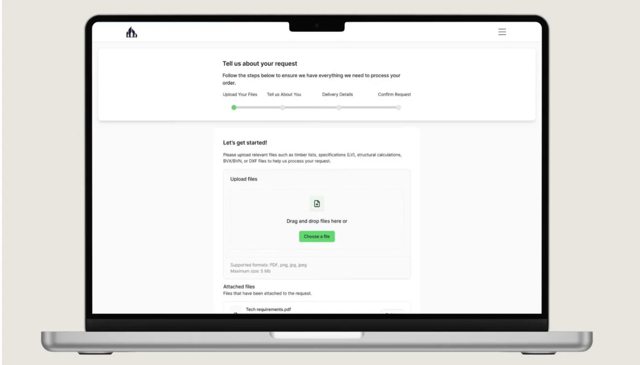 Arbo client request flow, upload step: a drag-and-drop area for timber lists, specifications, and structural calculations.