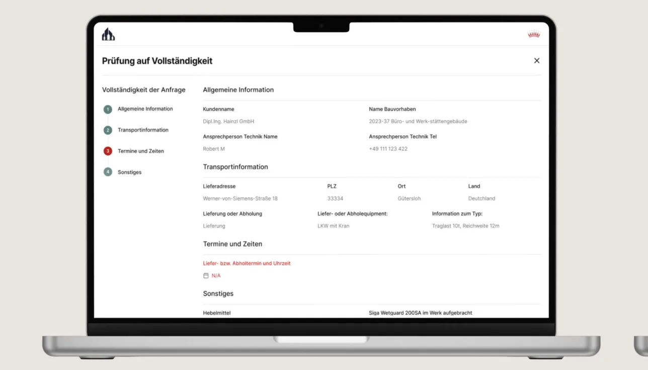 Arbo completeness check dialog, stepping through general information, transport information, dates, and other details for a request.
