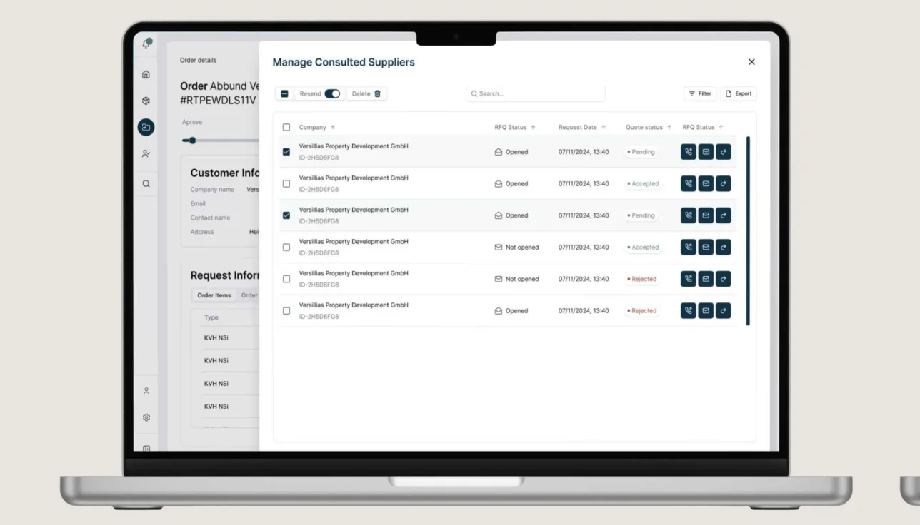 Arbo consulted suppliers list for an order, each with its response status.