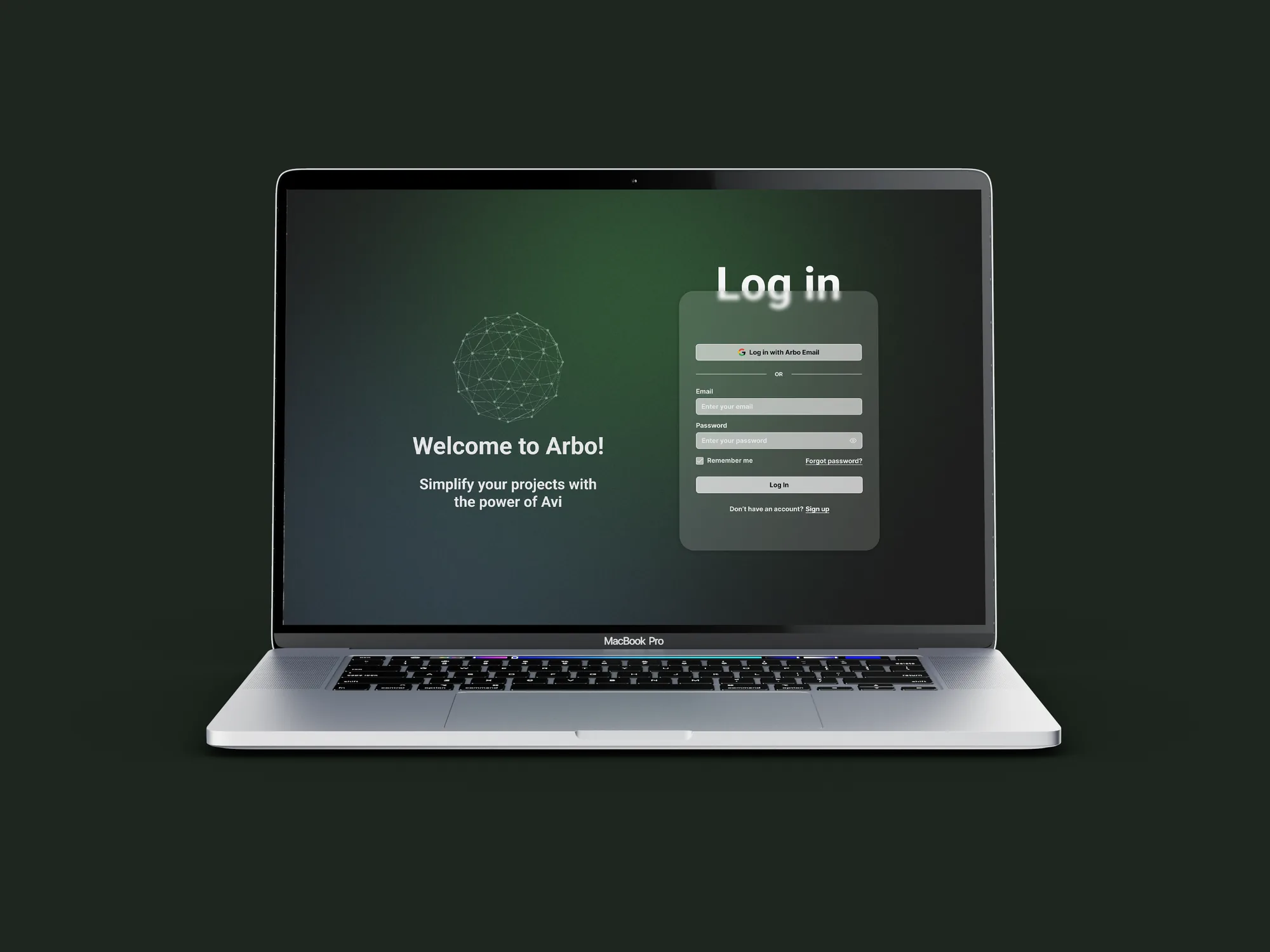 Arbo login screen on a laptop, with a 'Welcome to Arbo' panel introducing Avi, Arbo's AI, next to the email and password fields.