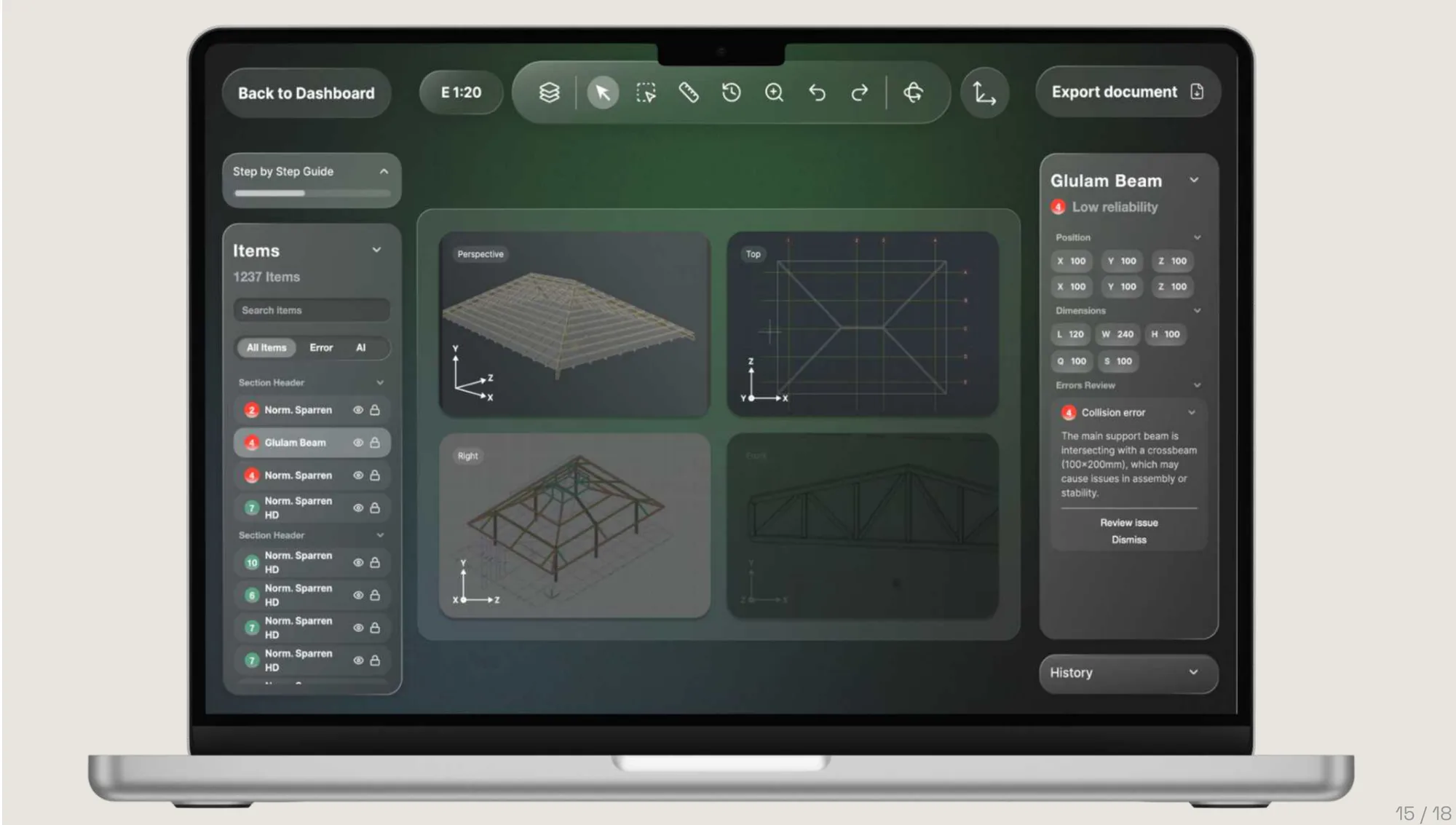 Exploratory 3D structure editor showing a timber roof frame from four angles, with an AI-flagged collision error between a support beam and a crossbeam.