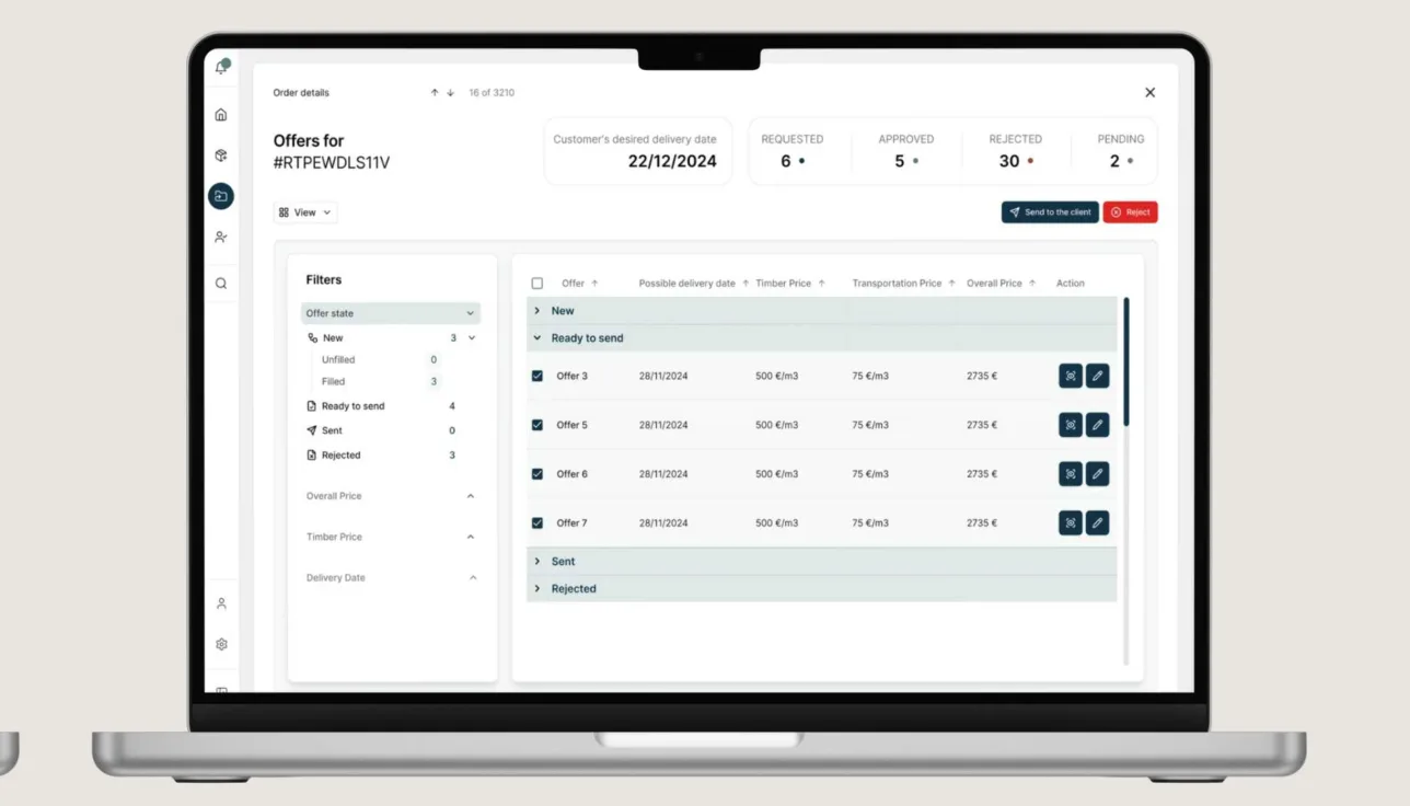 Arbo offer comparison view, showing supplier quotes side by side for the same order.