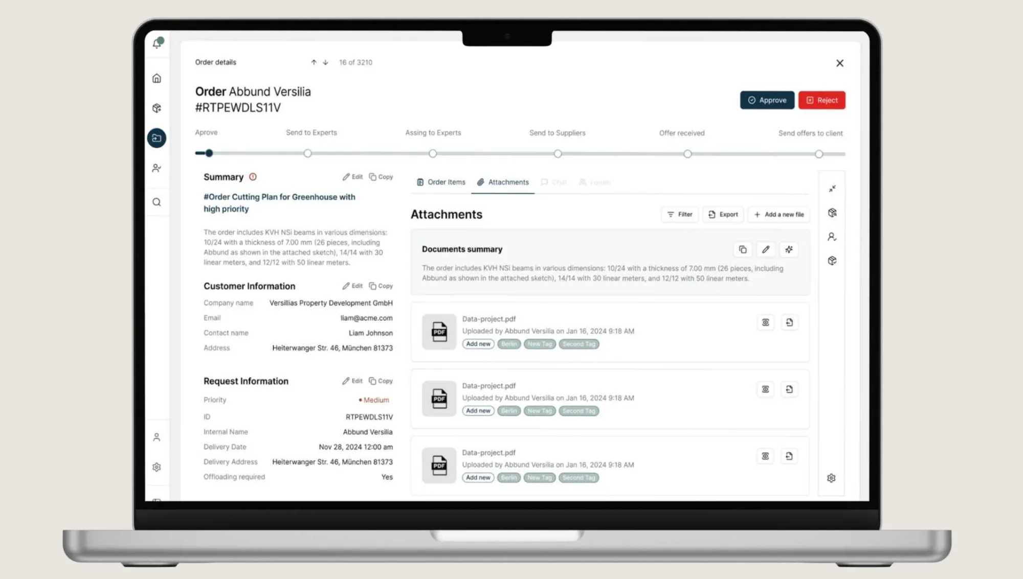 Arbo order detail view with its approval pipeline (Approve, Send to Experts, Assign, Send to Suppliers, Offer received, Send offers to client) and attached documents.