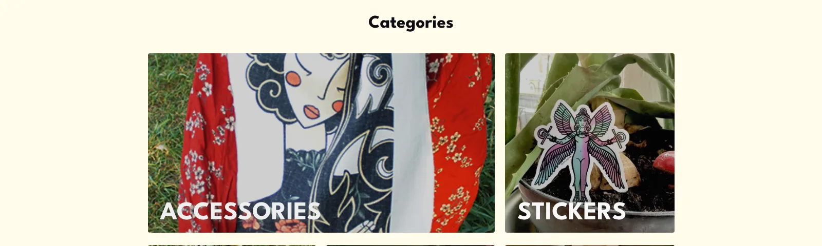 Greta Stefanel shop Categories grid with full-bleed photos for the Accessories and Stickers categories.