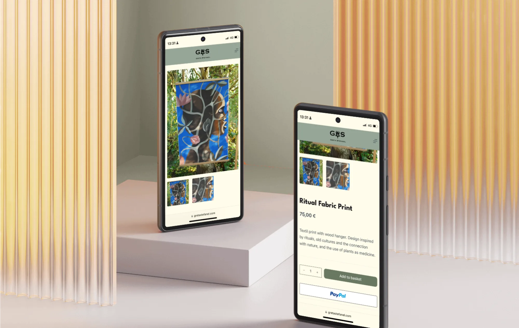 Two phones showing a Greta Stefanel product page for a Ritual Fabric Print, with a quantity selector, 'Add to basket', and a direct PayPal buy option.