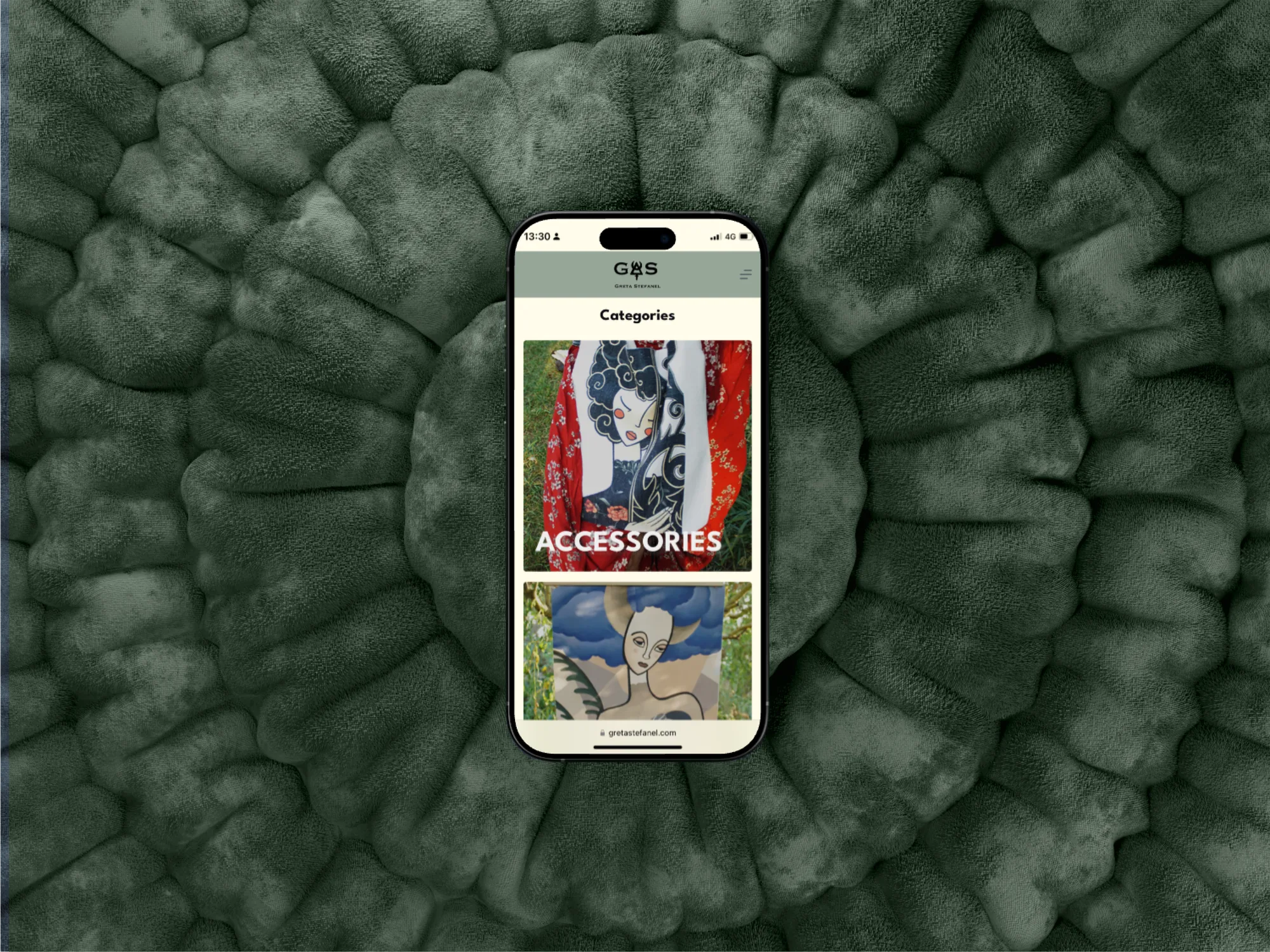 Phone mockup of the Greta Stefanel shop's Categories page, with the Accessories tile shown over a textile scarf photo.