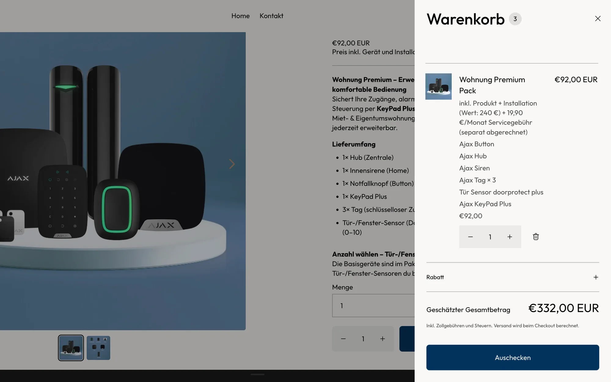 Novosafe Shopify cart drawer listing the Wohnung Premium Pack and its individual components: Ajax Button, Hub, Siren, Tags, and door sensor.