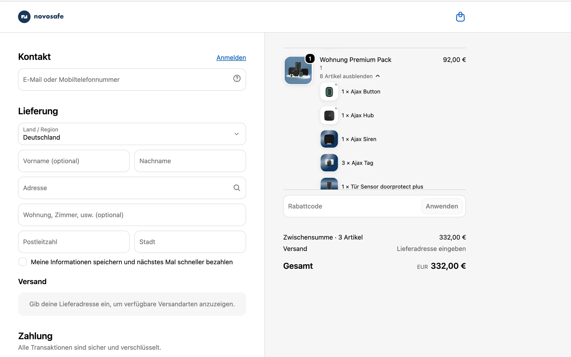 Novosafe Shopify checkout page with contact and delivery address fields next to an order summary totaling 332,00 €.