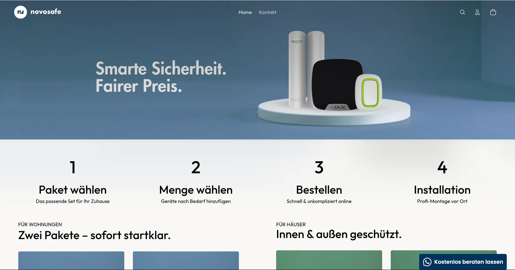 Novosafe Shopify store homepage with the headline 'Smarte Sicherheit. Fairer Preis.' over an Ajax security kit, and a four-step buying guide below.