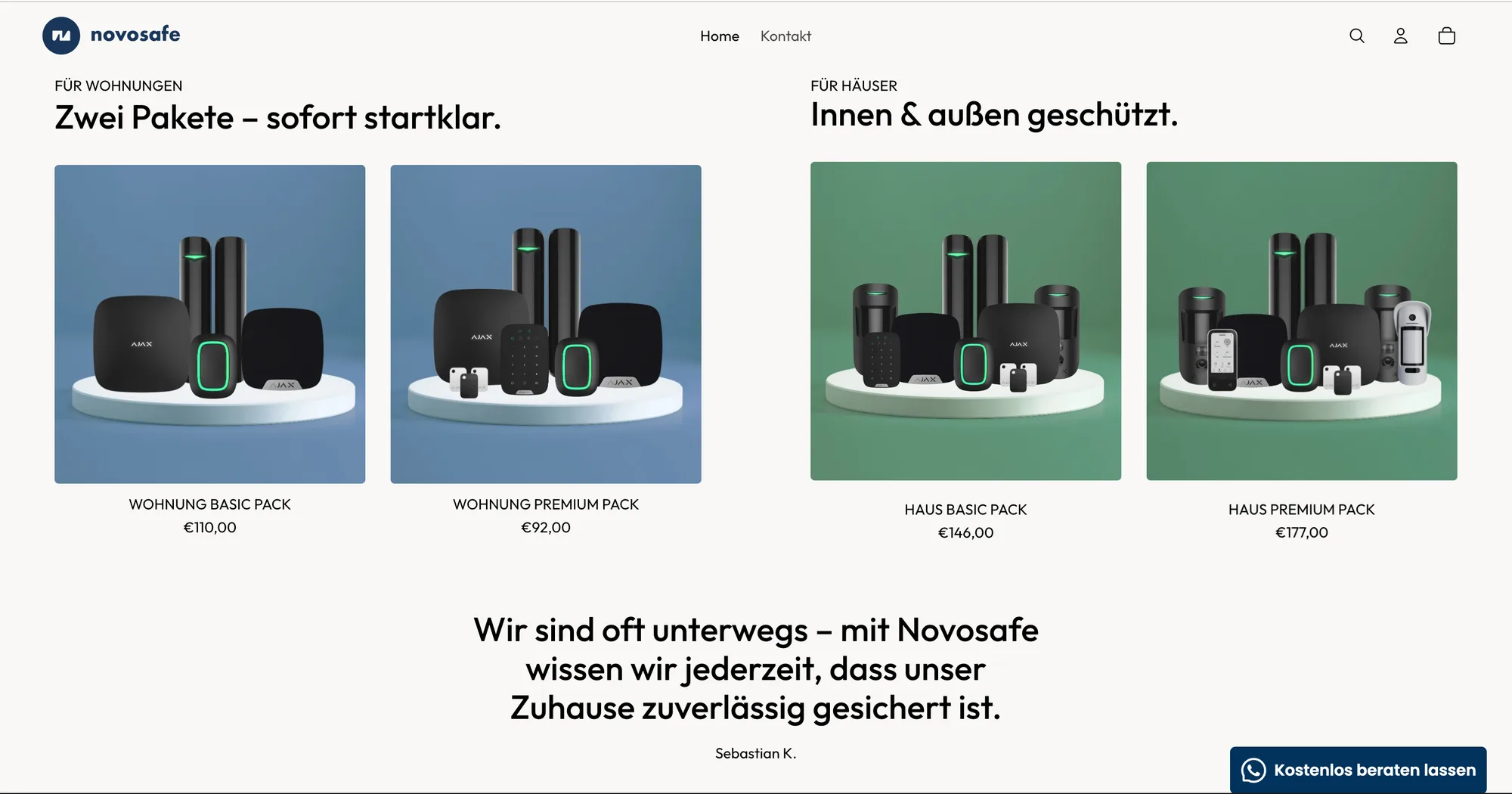 Novosafe Shopify store showing four security packages: Wohnung Basic, Wohnung Premium, Haus Basic, and Haus Premium, each with its price.
