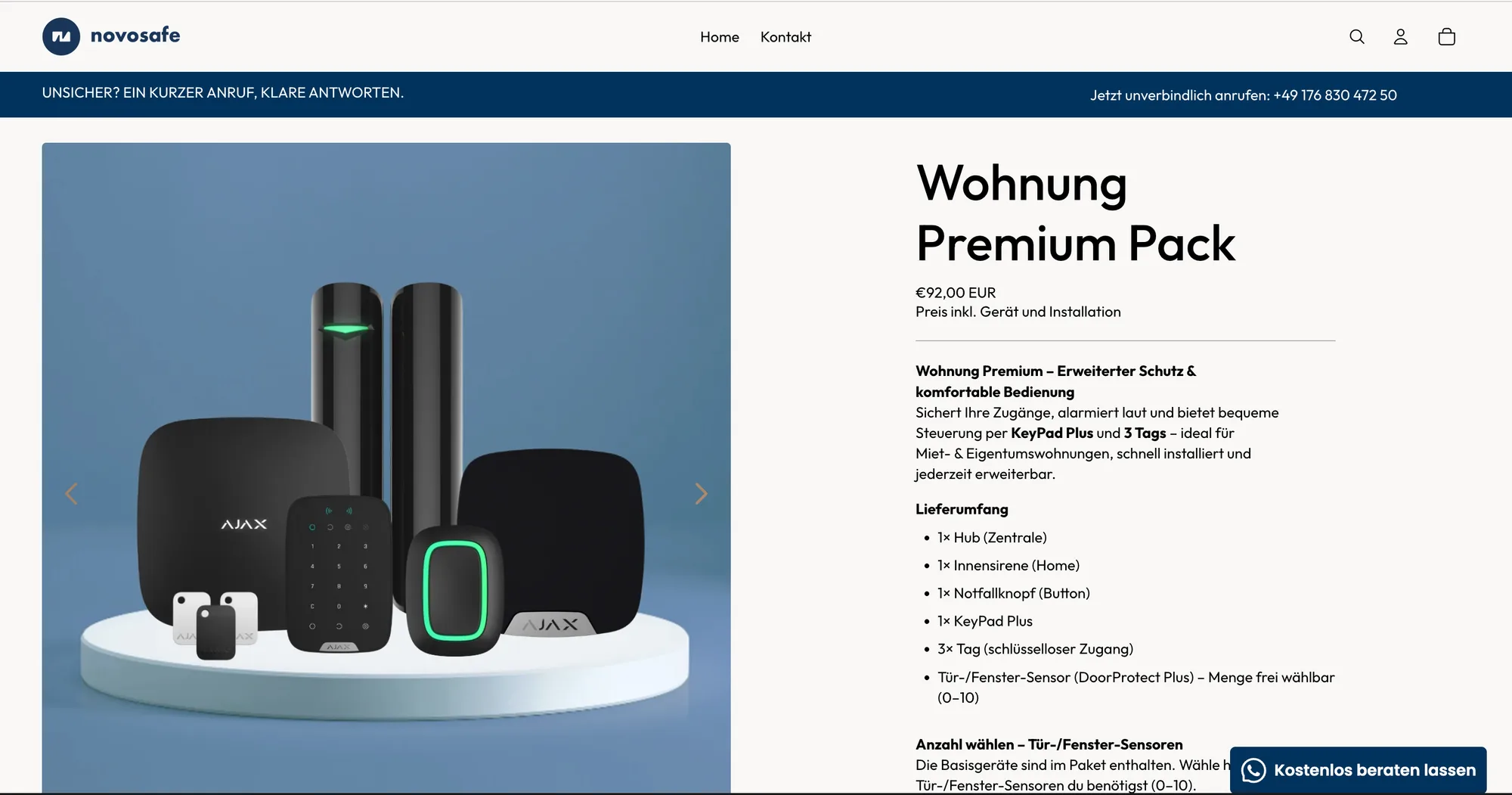 Novosafe Shopify product page for the Wohnung Premium Pack, with a banner reading 'Unsicher? Ein kurzer Anruf, klare Antworten' and a phone number above the product gallery.