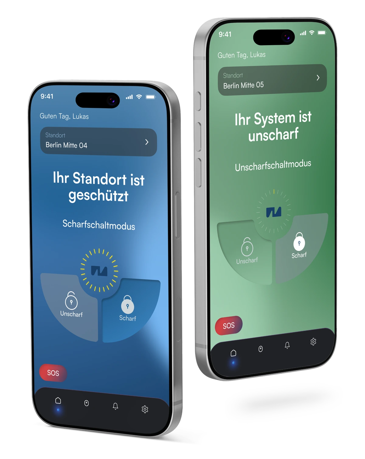 Novosafe B2B app screen showing 'Ihr Standort ist geschützt' with an arm/disarm control and an SOS button, next to the same screen in its disarmed, green state.