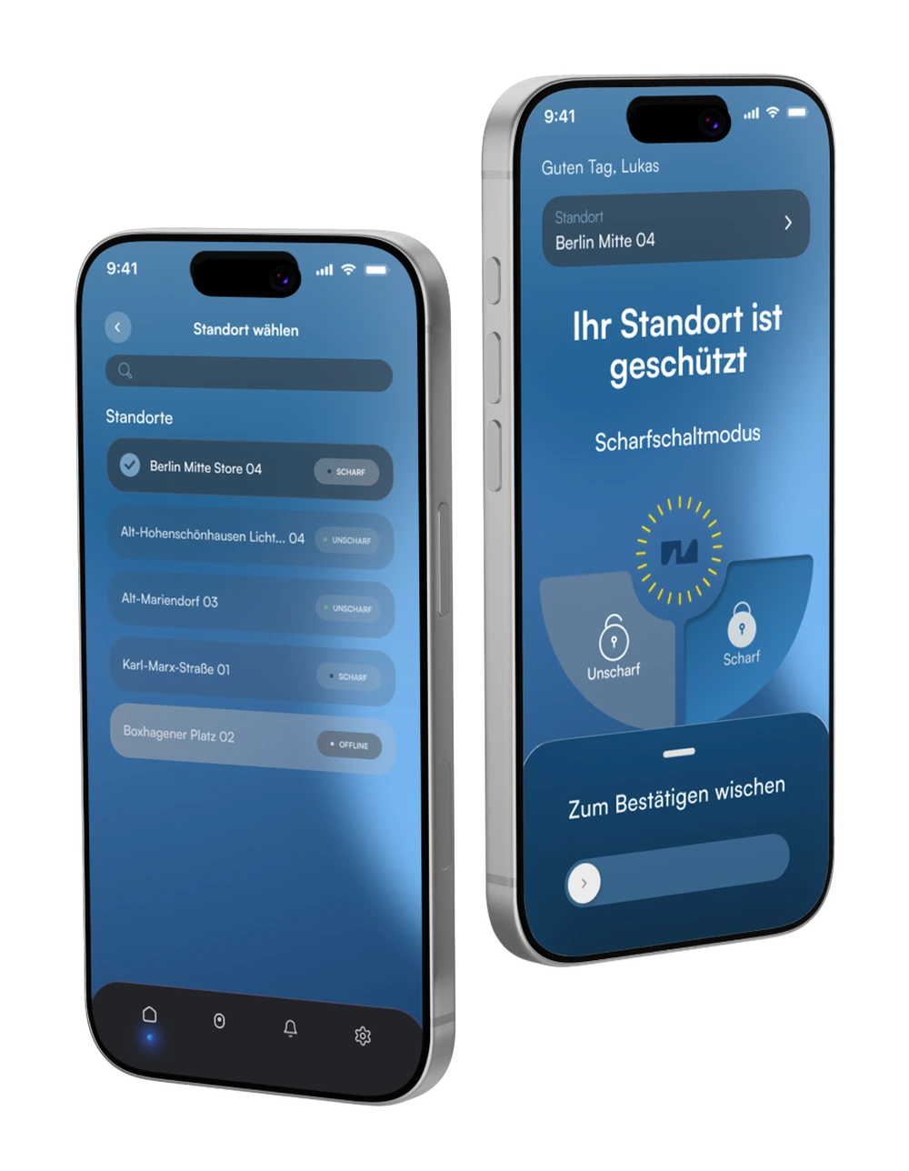Novosafe B2B app location picker listing chain-retail sites with their arm status, next to the arm/disarm screen for the selected location.