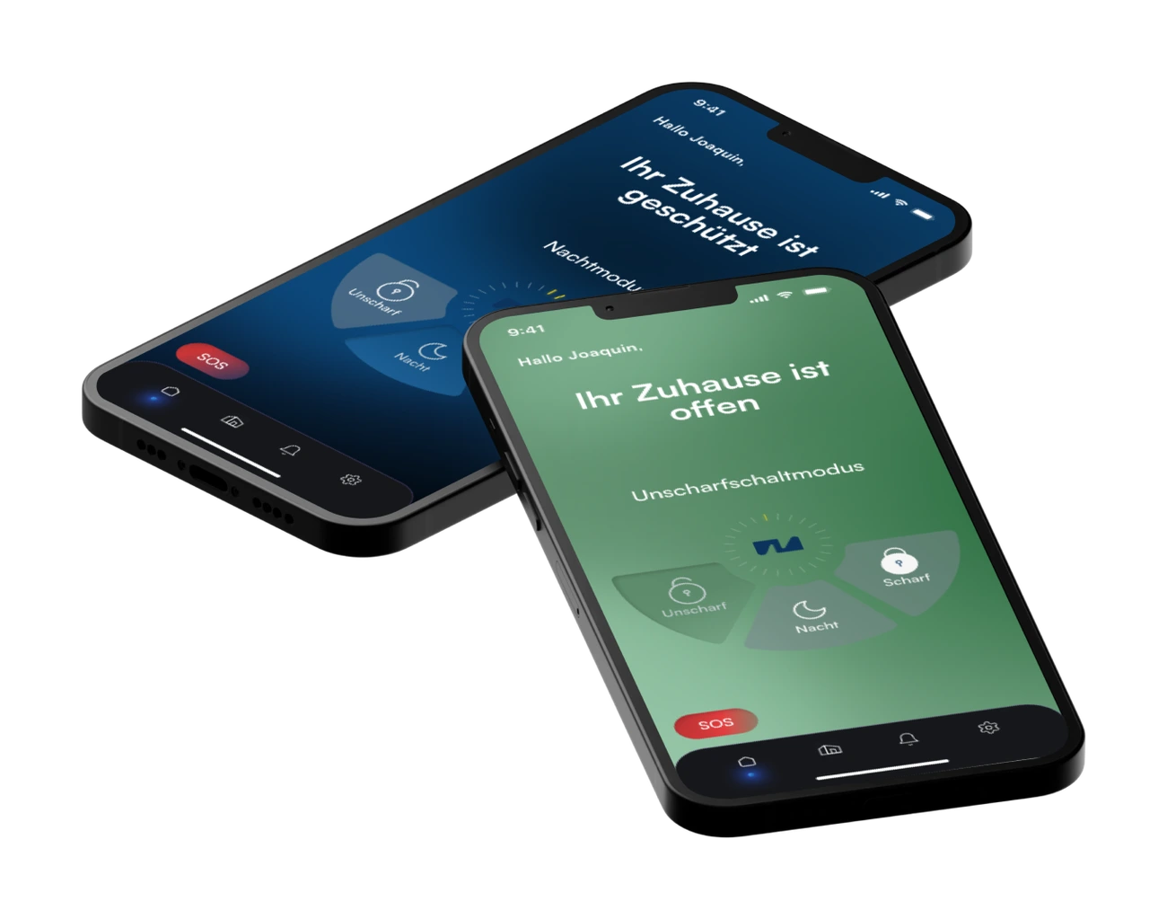 Two consumer app screens: 'Ihr Zuhause ist geschützt' in blue when armed, and 'Ihr Zuhause ist offen' in green when disarmed, each with arm, disarm, and night-mode controls.