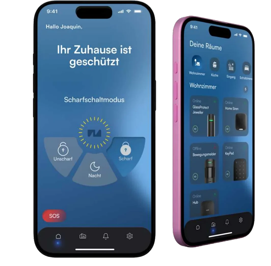 Consumer app home screen next to a Rooms screen listing connected devices grouped by room.