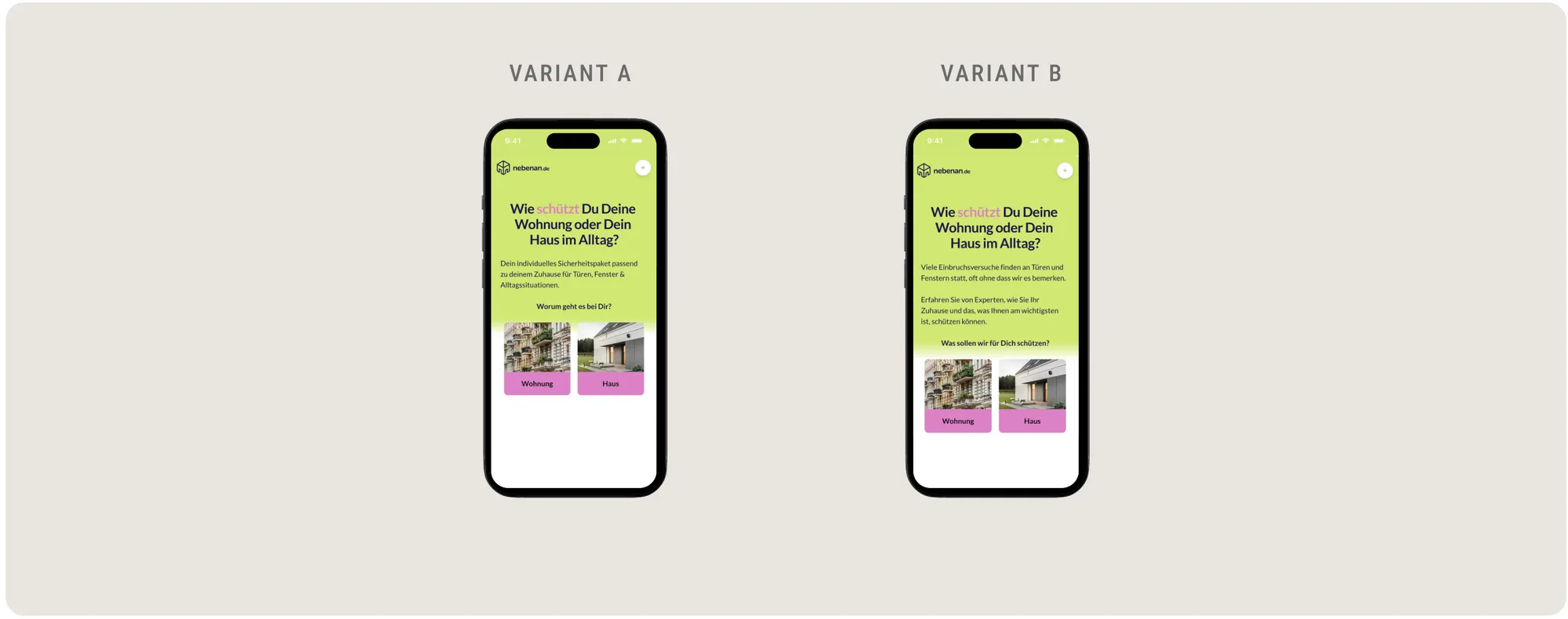 Two nebenan.de landing page variants on phones: Variant A written in the informal 'Du', Variant B in the formal 'Sie', both asking what the visitor wants to protect.