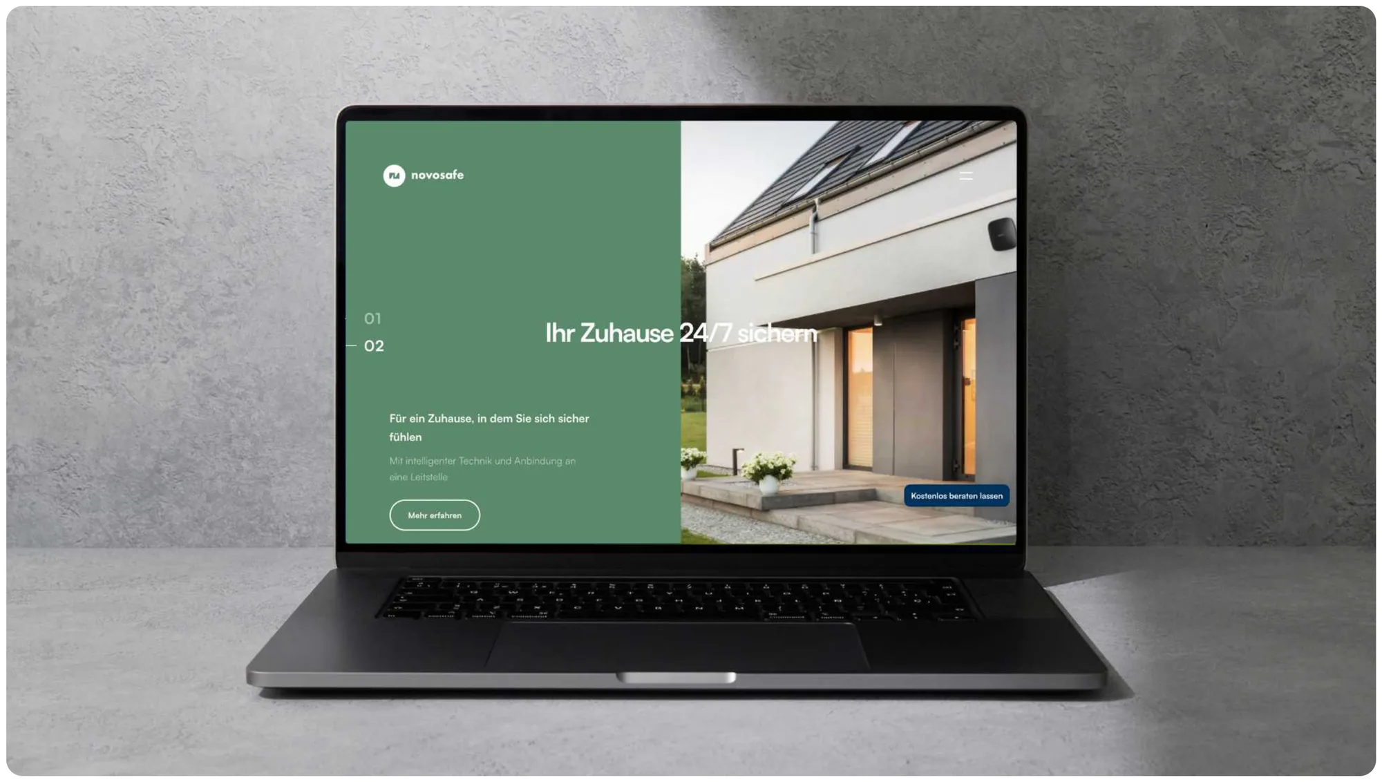 novosafe marketing website's home entry point, its second numbered panel, next to a photo of a family home.