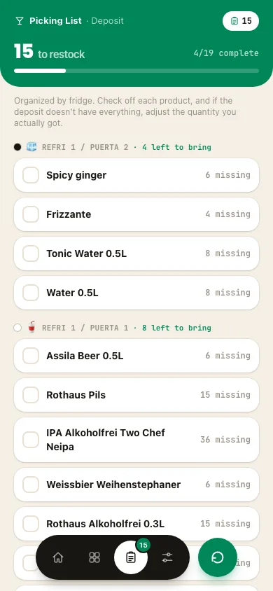 RunUp picking list grouped by zone, with a checkbox for each product still needed from the deposit.