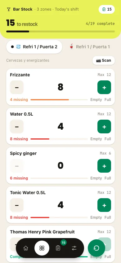 RunUp zone view for a fridge with a Scan button that lets a runner photograph it for an AI-generated stock count, above a list of individual drinks with stock sliders from empty to full.