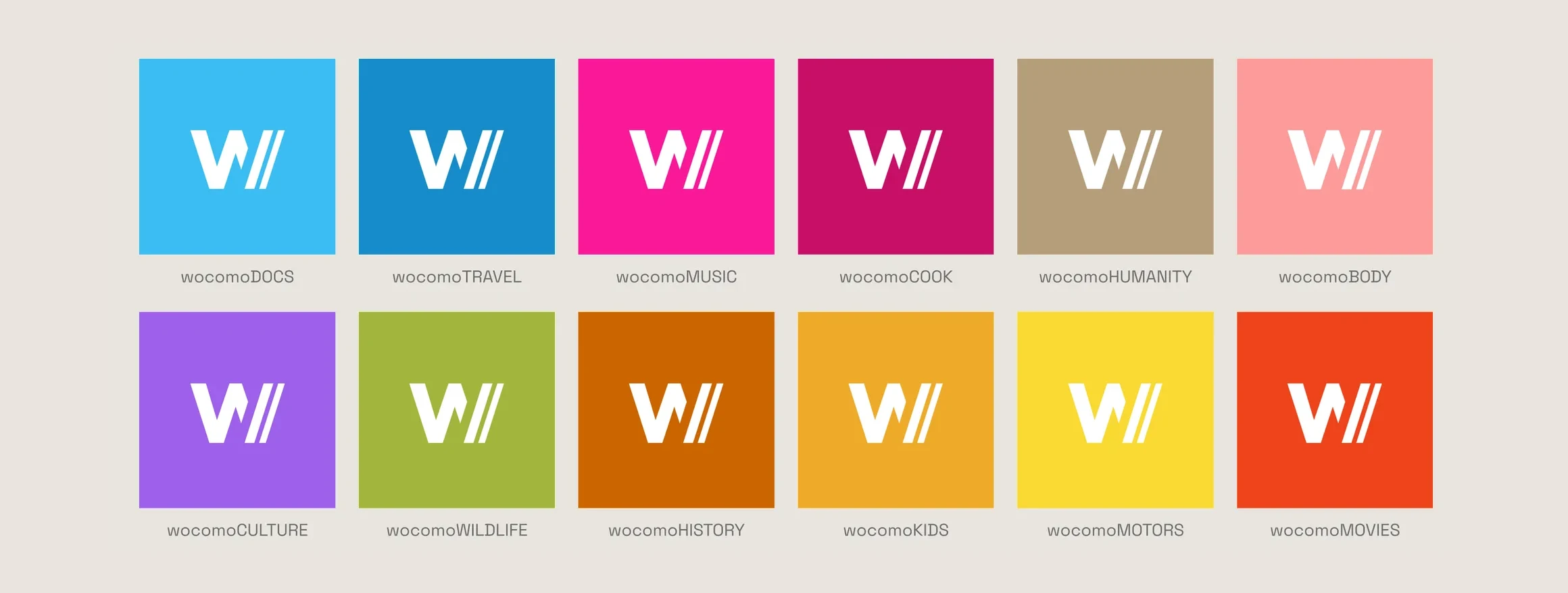 Twelve colour variants of the W// mark, one per channel: wocomoDOCS, TRAVEL, MUSIC, COOK, HUMANITY, BODY, CULTURE, WILDLIFE, HISTORY, KIDS, MOTORS, and MOVIES.