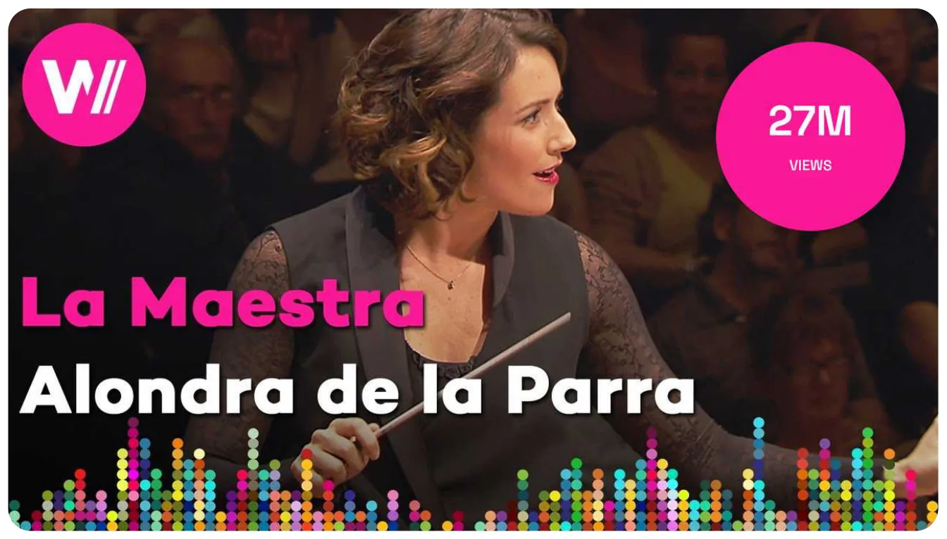 wocomoMUSIC thumbnail for 'La Maestra: Alondra de la Parra', titled in Spanish and English, marked at 27 million views.